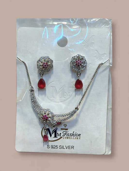 925 Silver Ruby Red CZ Floral Necklace and Earrings Set