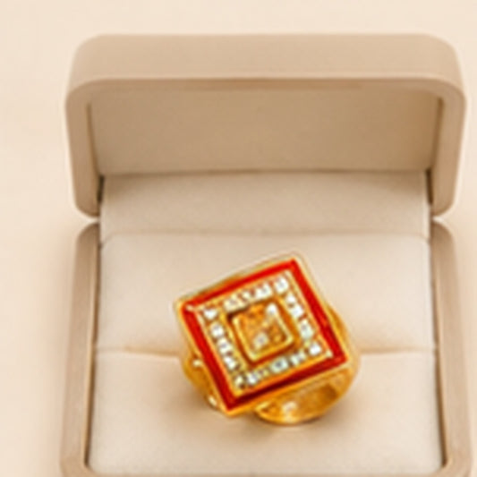 Gold Red Enamel Square Statement Ring with CZ Border