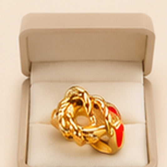 Gold Abstract Textured Ring with Red Enamel Detail