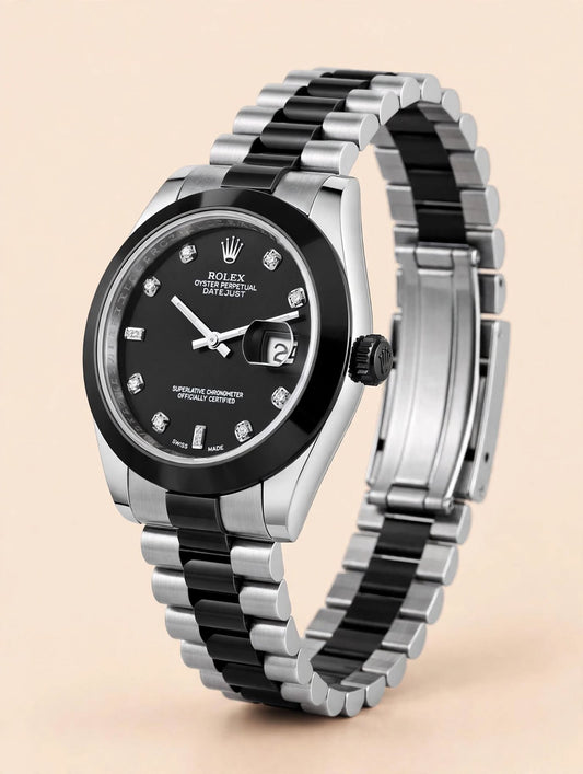 Two-Tone Black Silver Diamond Dial Chain Watch
