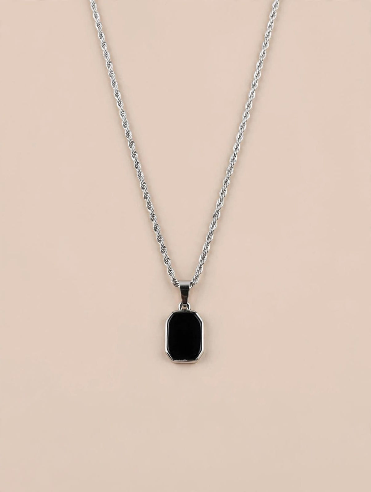 Silver Rope Chain Necklace with Black Onyx Stone Pendant