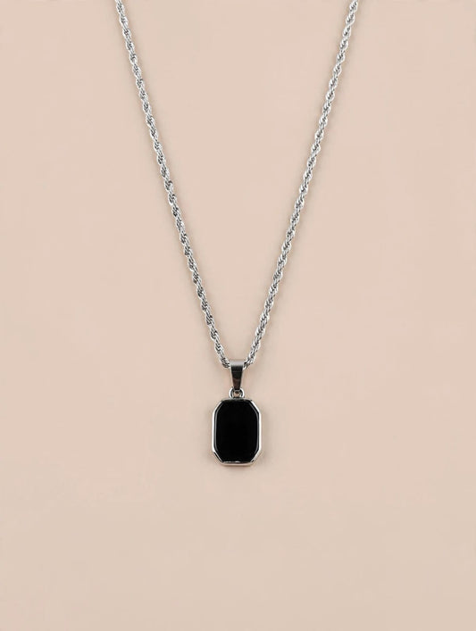 Silver Rope Chain Necklace with Black Onyx Stone Pendant