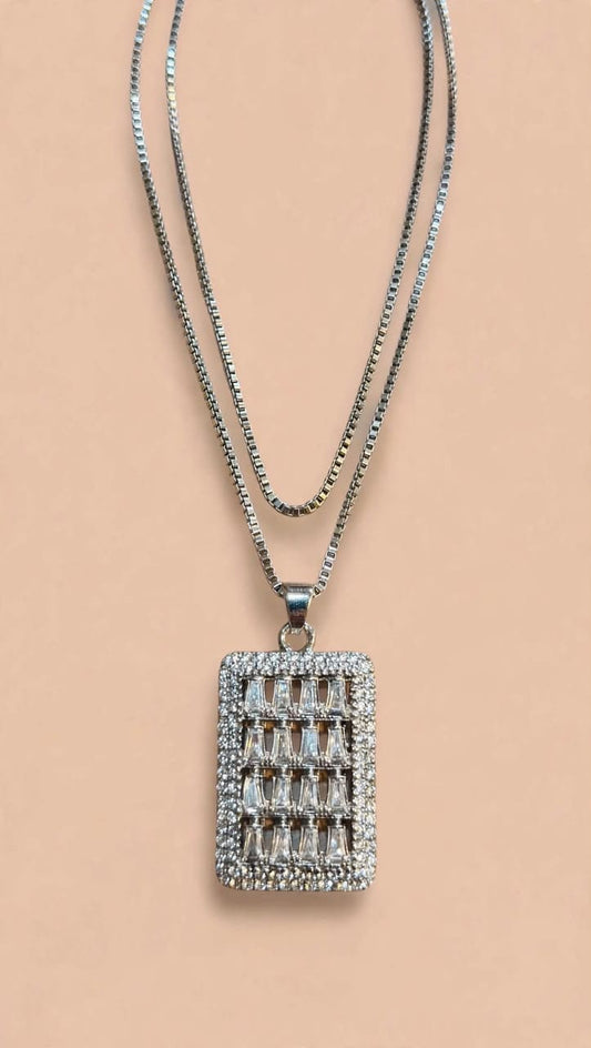 Silver Double Chain Necklace with Baguette CZ Rectangle Pendant