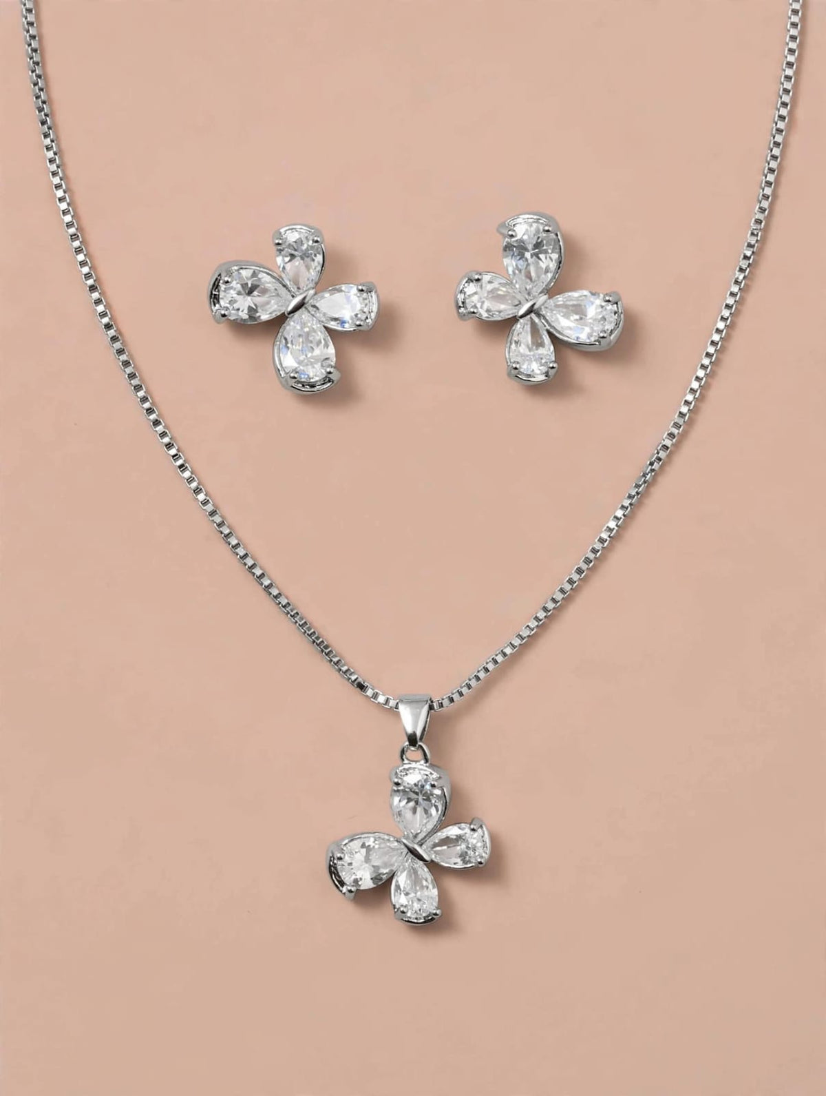 Silver Crystal Butterfly Necklace and Earrings Set