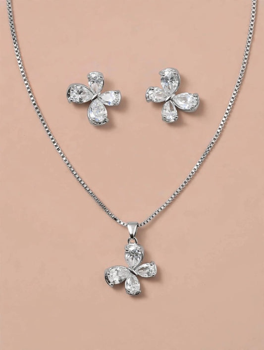 Silver Crystal Butterfly Necklace and Earrings Set