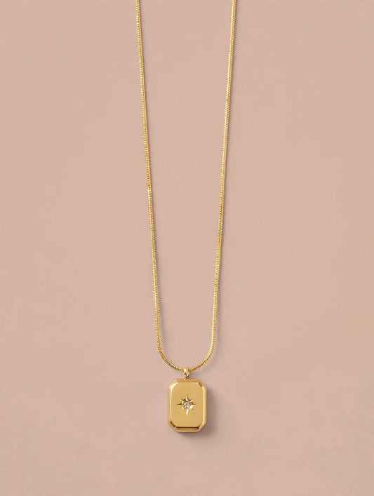 Gold Square Pendant Necklace with Star Crystal Accent