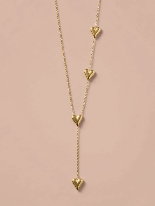 Gold Heart Lariat Necklace with Multiple Heart Drops