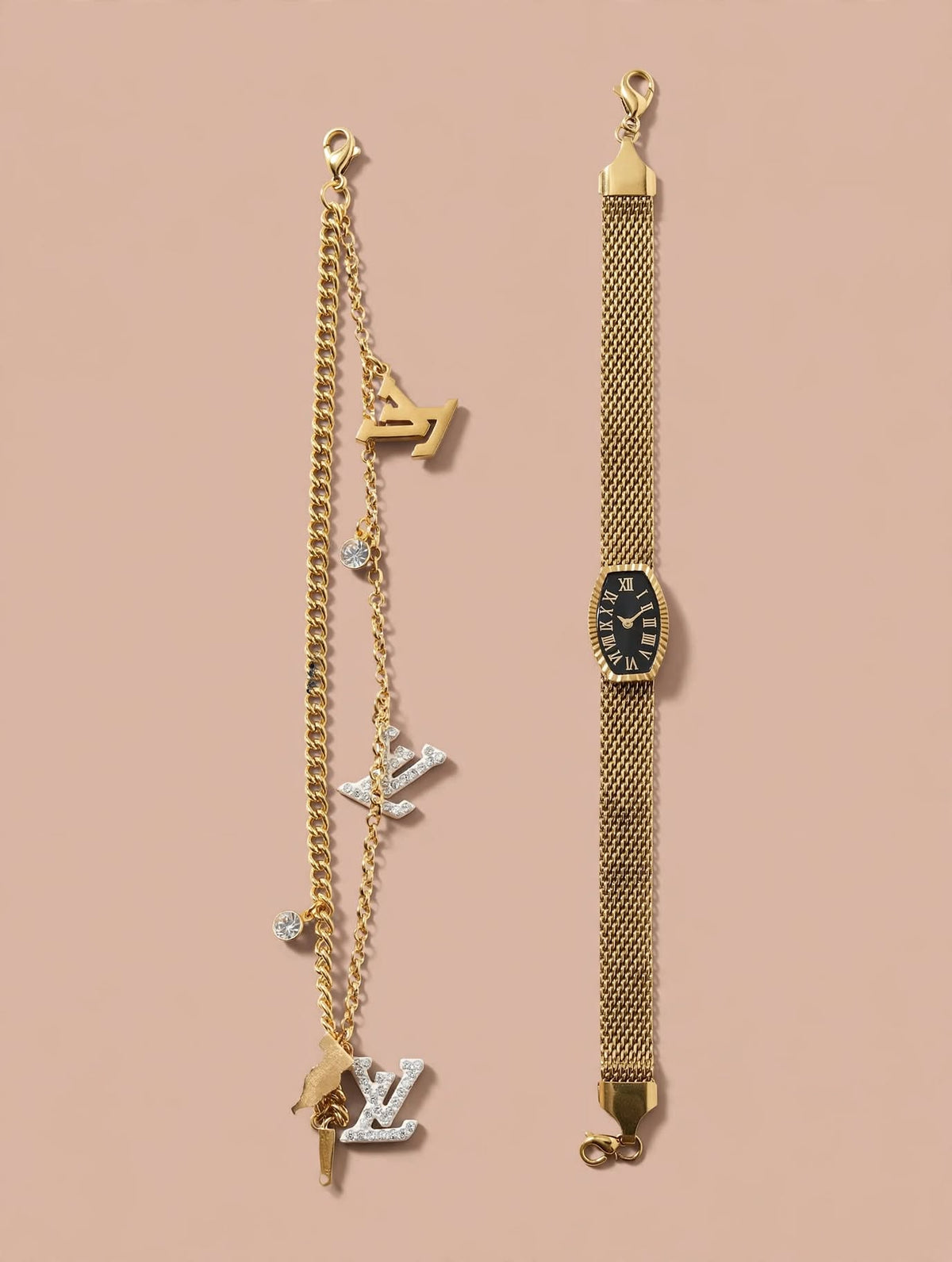 Gold Charm Bracelet & Mesh Watch Set