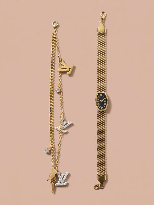Gold Charm Bracelet & Mesh Watch Set