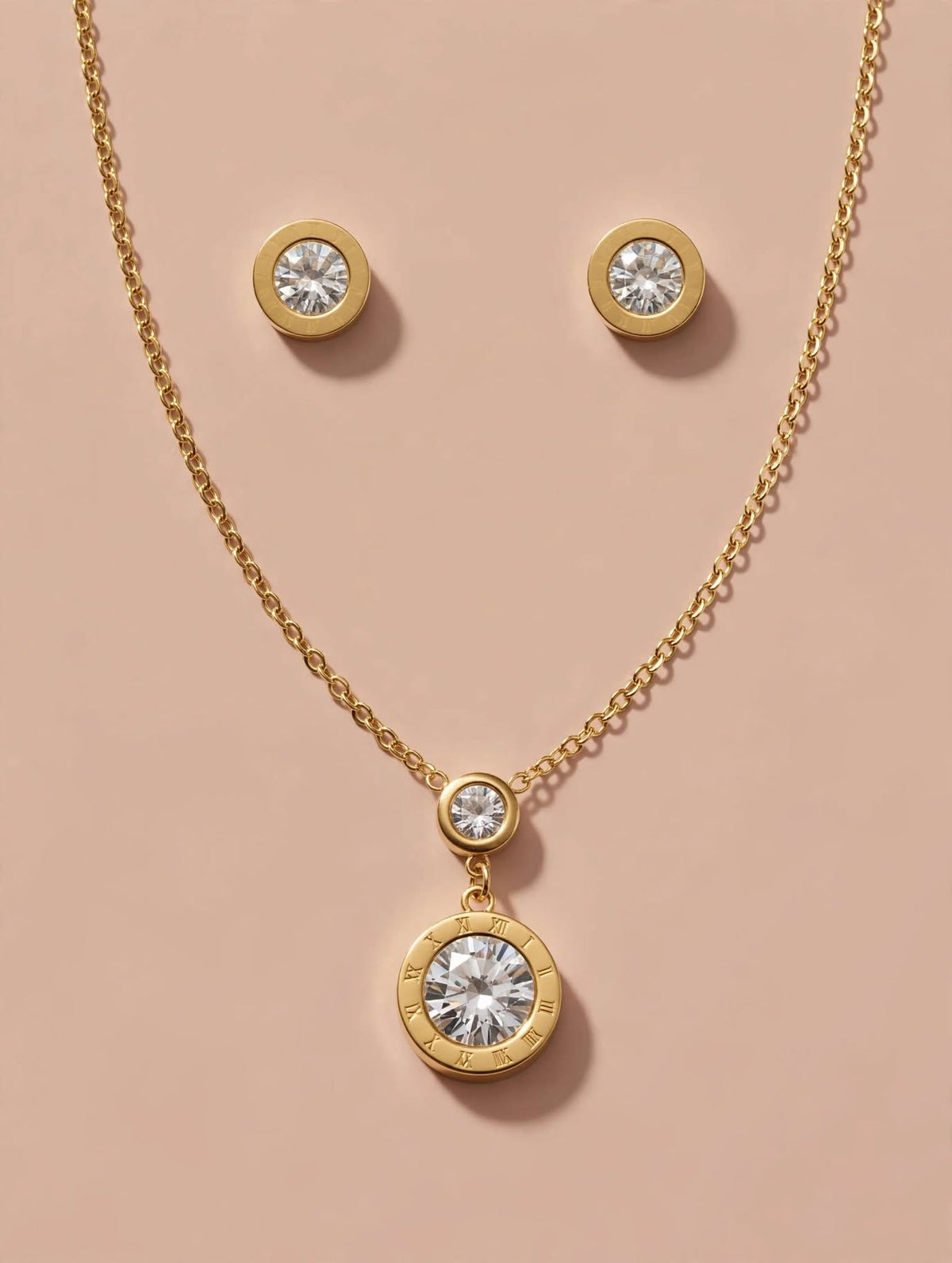 Gold Roman Numeral CZ Pendant Necklace and Earrings Set