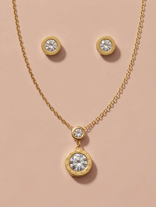 Gold Roman Numeral CZ Pendant Necklace and Earrings Set